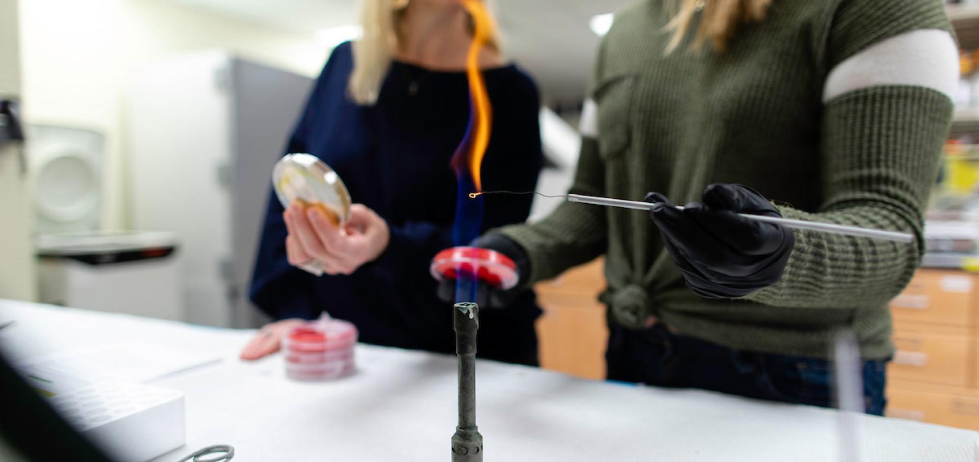 学生 and professor working over bunsen burner flame