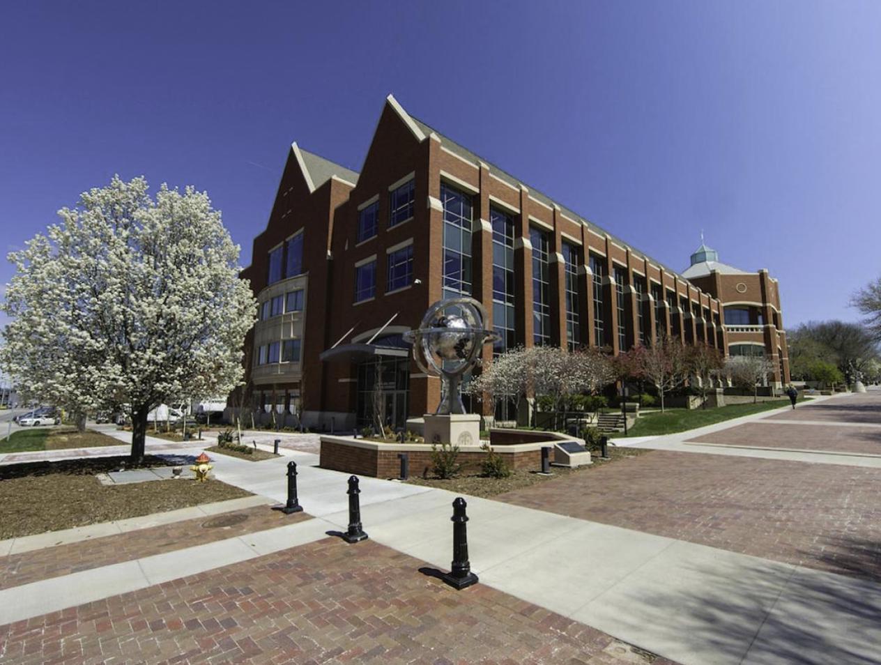 Harper Center Exterior with blossoming tree