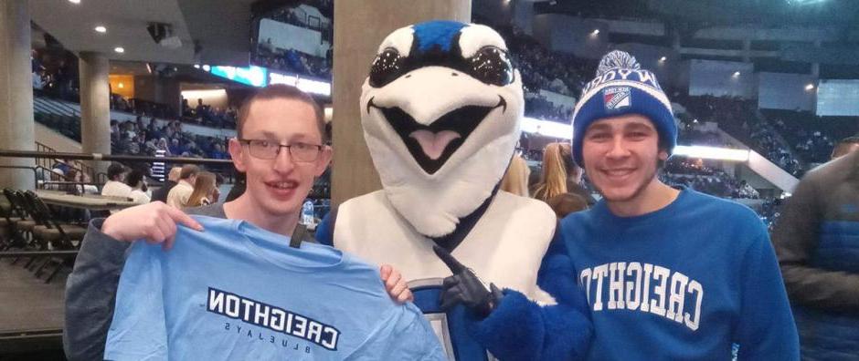 C.J. Braccia and friend with Billy Bluejay